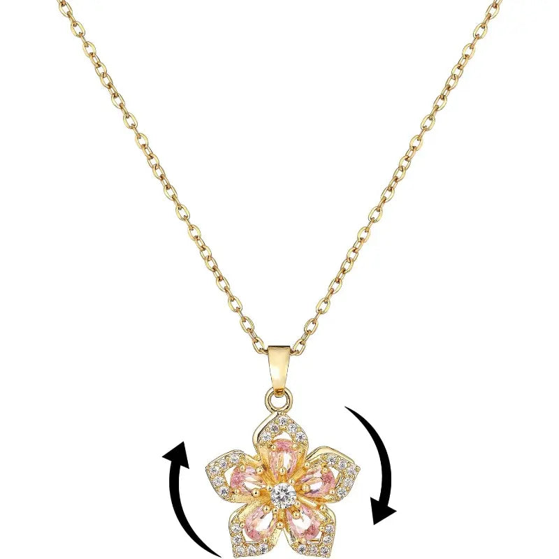 Women's floral fidget spinner necklace with rotating crystal flower pendant