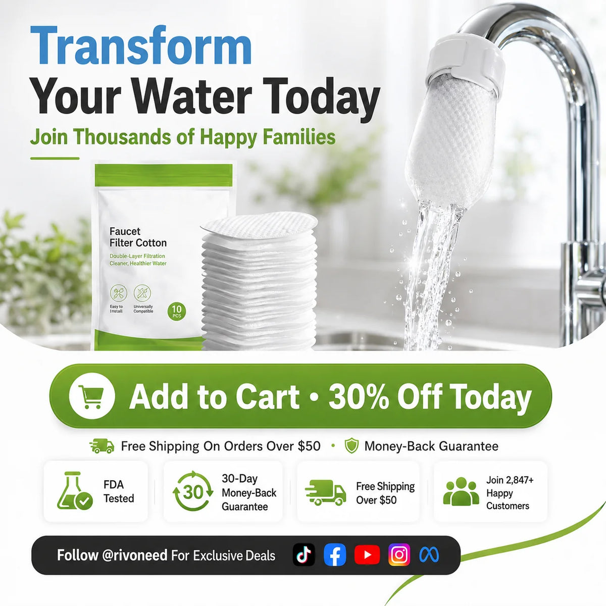 ⏰60%OFF⚡50K+ SOLD!💥Anti-Splash Kitchen Faucet Cotton Filter for Sediment & Rust Removal