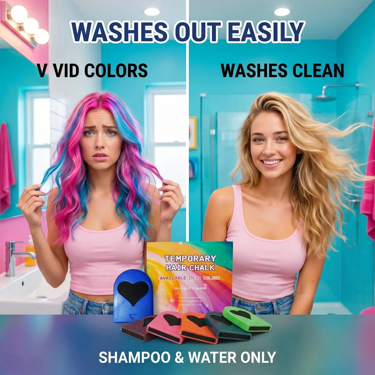 Temporary colorful hair chalk before and after washing