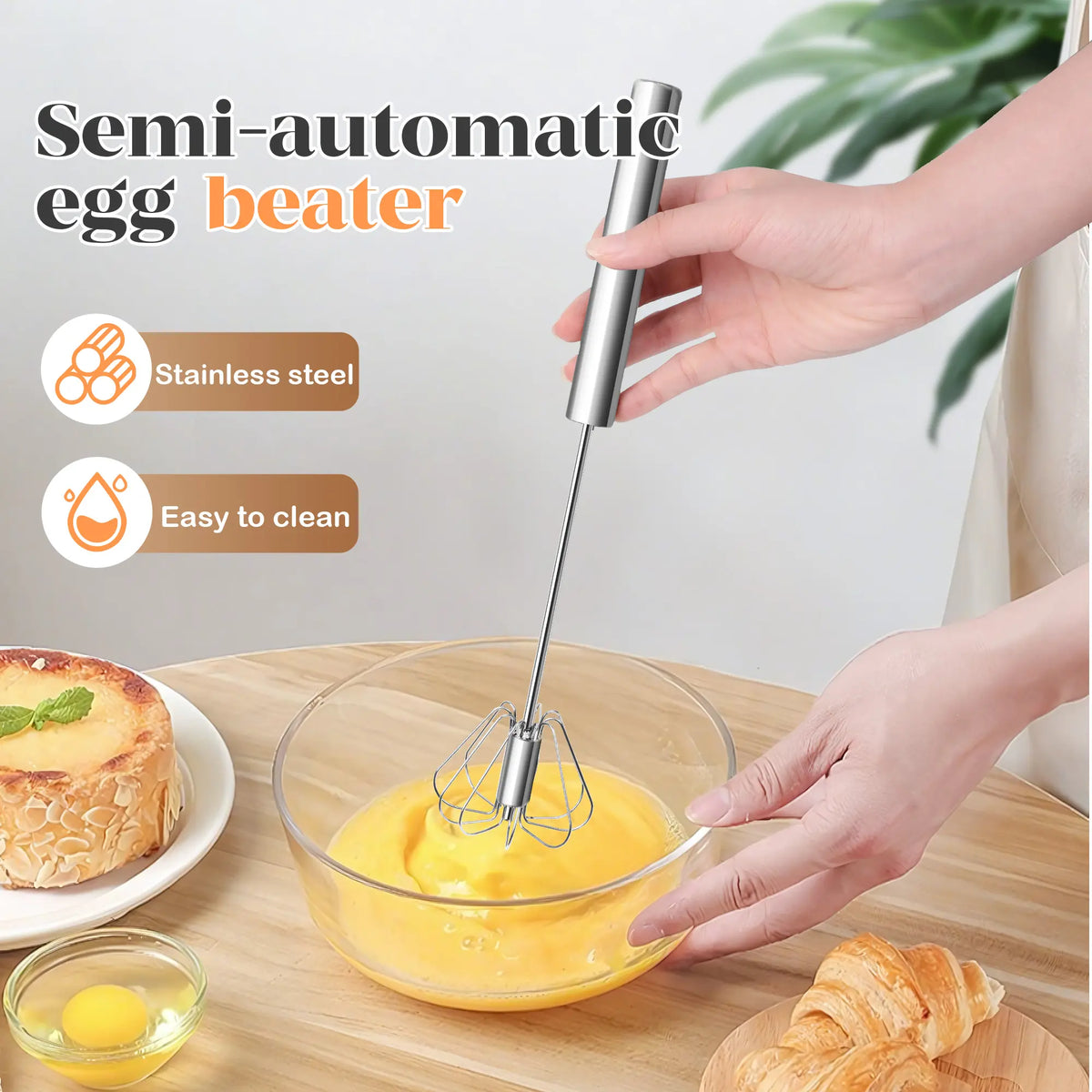 🔥Semi-Automatic Stainless Steel Rotary Whisk – Hand-Push Food-Grade Egg Beater