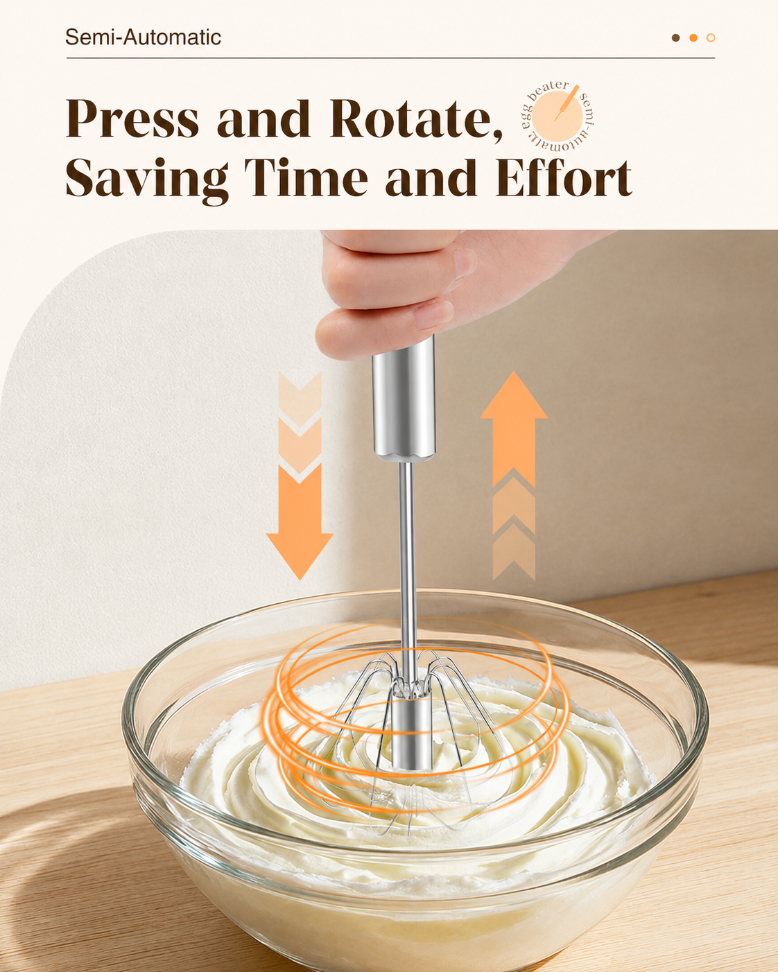 🔥Semi-Automatic Stainless Steel Rotary Whisk – Hand-Push Food-Grade Egg Beater