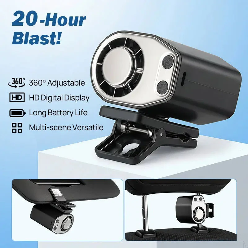 360° Clip Car Fan LED Display USB Cooling
