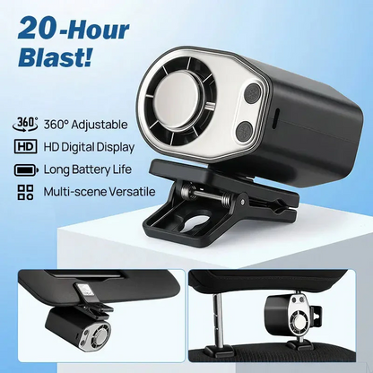 360° Clip Car Fan LED Display USB Cooling