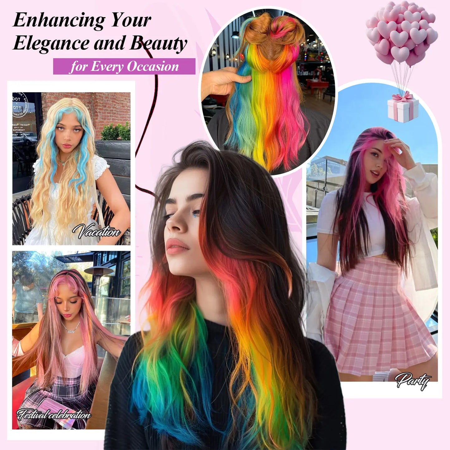 Colored Hair Extensions 20Inch Straight Color Clip in Hair Extension Rainbow Party Highlights Synthetic Hairpiece