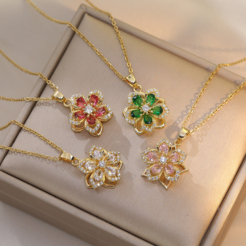 Women's floral fidget spinner necklace with rotating crystal flower pendant