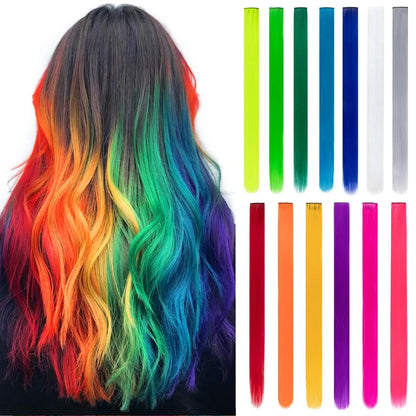 Colored Hair Extensions 20Inch Straight Color Clip in Hair Extension Rainbow Party Highlights Synthetic Hairpiece
