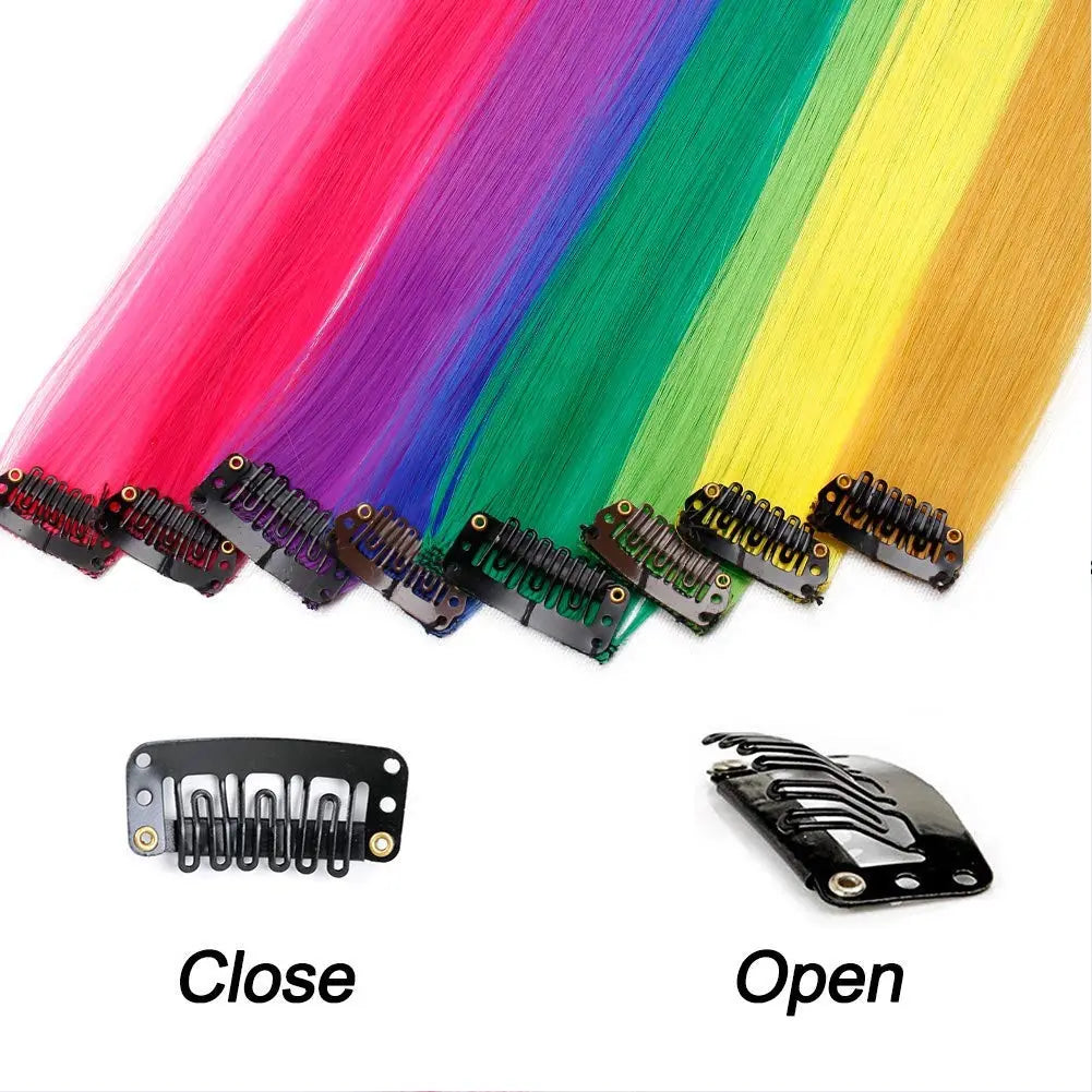 Colored Hair Extensions 20Inch Straight Color Clip in Hair Extension Rainbow Party Highlights Synthetic Hairpiece