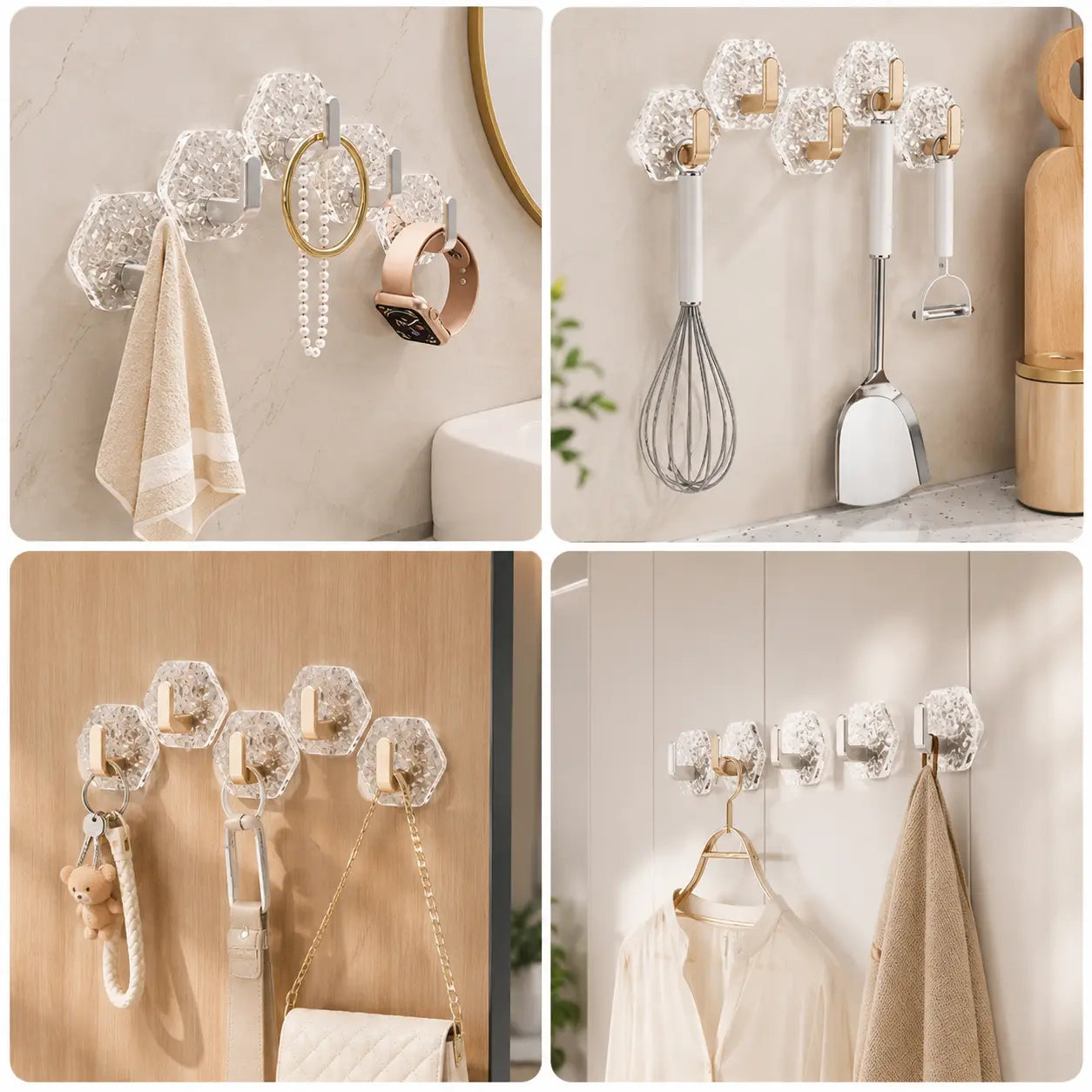Heavy-Duty Hexagonal Ripple Adhesive Hooks – Waterproof Wall Organizers for Kitchen & Bathroom