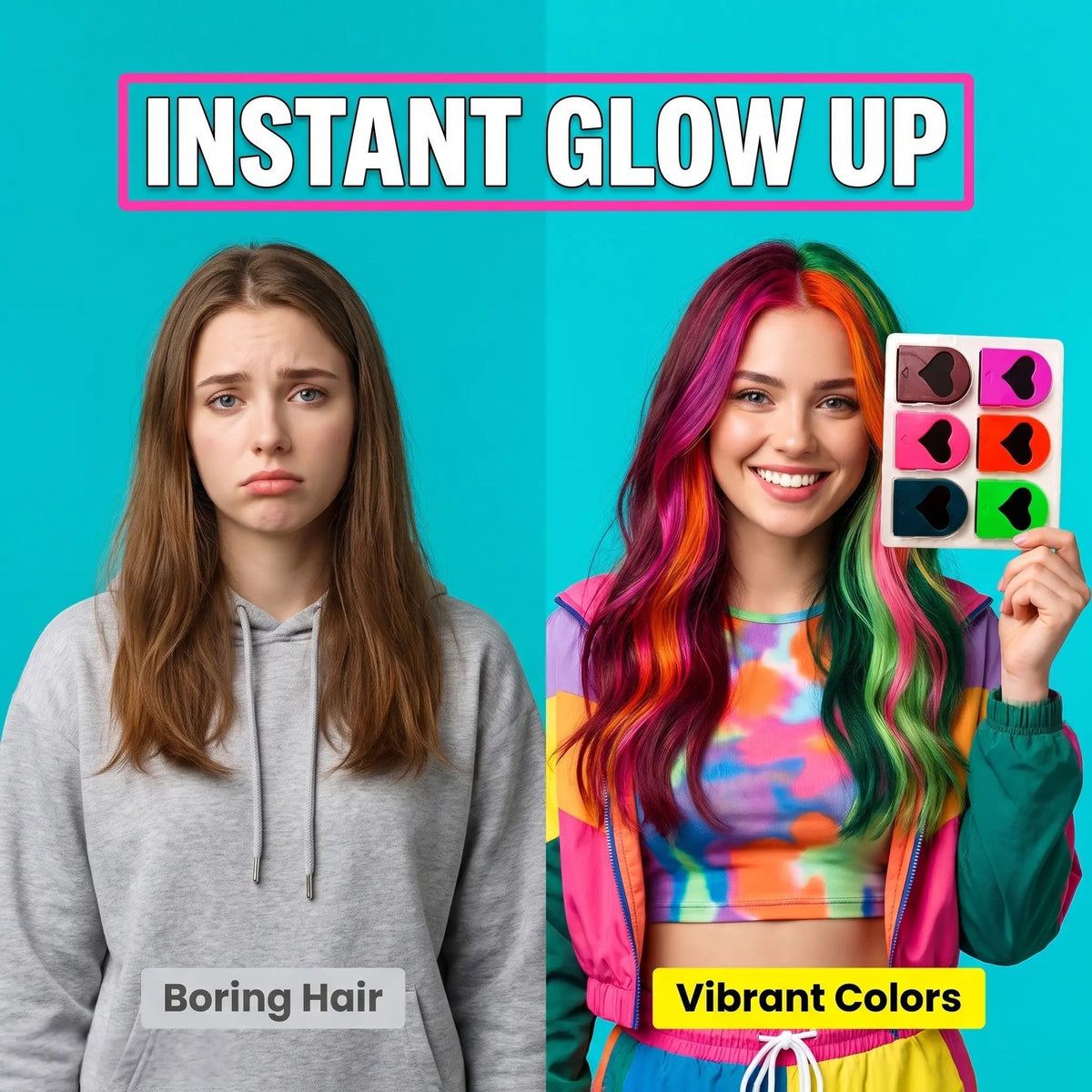 Before and after temporary hair chalk color transformation