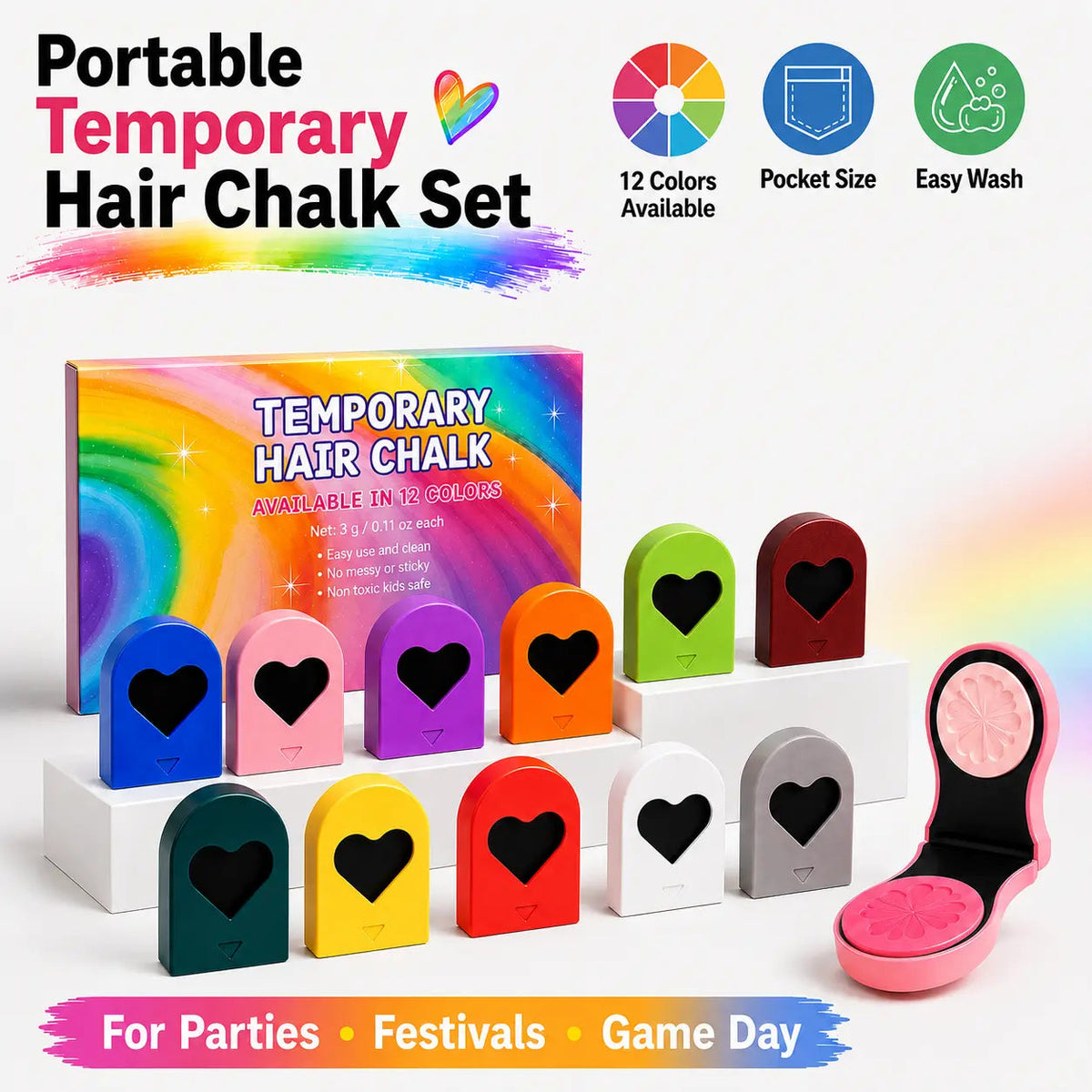 Portable temporary hair chalk set with multiple colors
