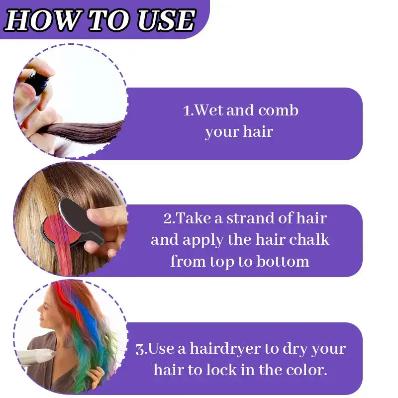 Three-step instructions for applying temporary hair chalk